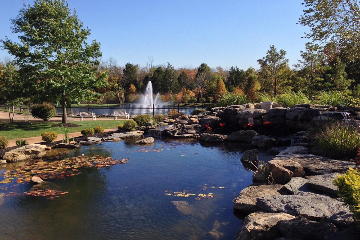 A fountain and pond at Valhalla Post Acute
