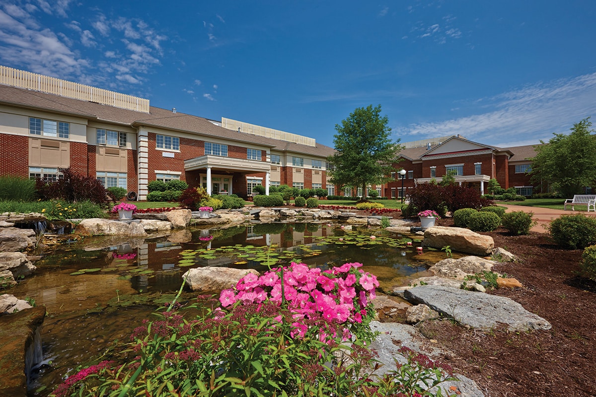 A pond next to Valhalla Post Acute