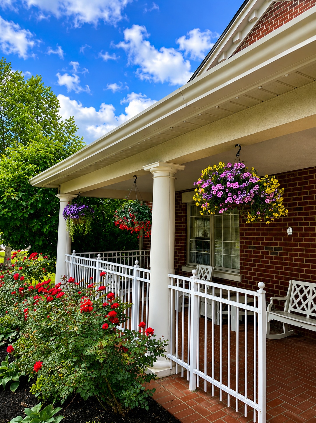 Side view of front porch with flowers at Valhalla Post Acute